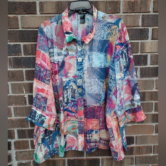 Ali Miles Abstract Print Wired Collar Top 2X - Picture 2 of 9